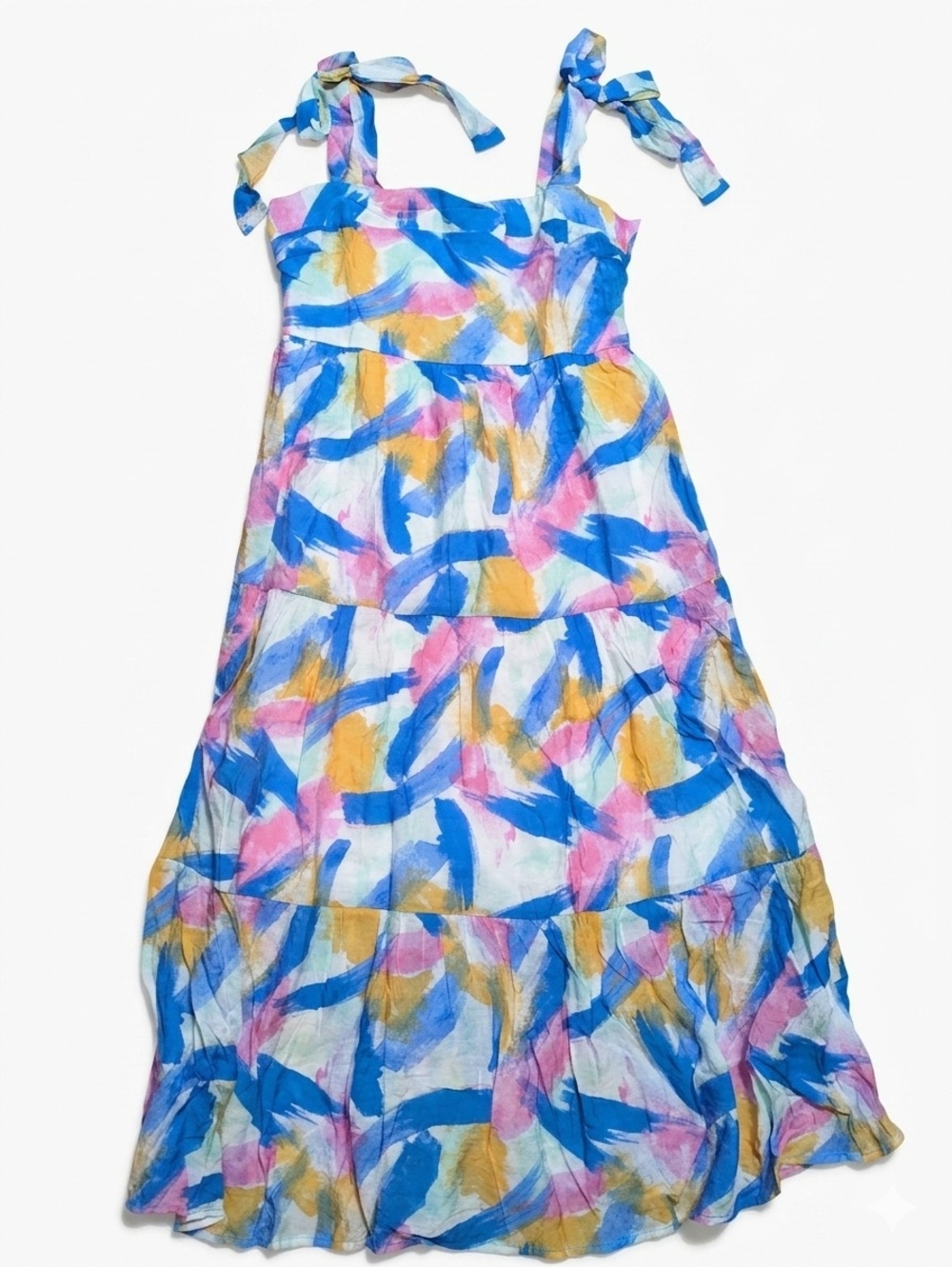 Blu Pepper Tie Shoulder Maxi Dress Medium Abstract Watercolor Tiered Boho Summer